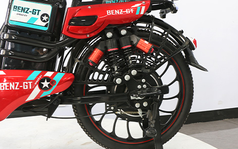 Electric Bike | Rear Wheel & Suspension Detail electric bike with large wheels and rear shock absorption, heavy-duty dual suspension for smooth rides