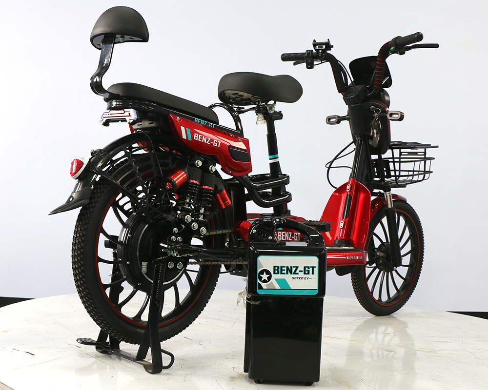 BENZ-GT Electric Tricycle | Large Wheel Removable Battery Model BENZ-GT red electric tricycle with large wheels, removable battery box, dual seats and rear cargo rack for delivery and family use