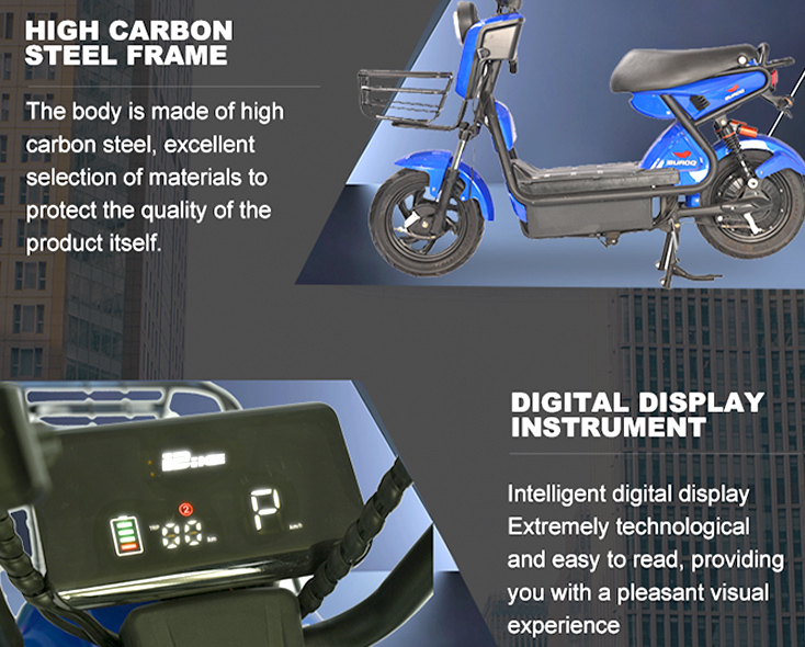 High Carbon Steel Frame and Digital Display of Blue Electric Bike Blue electric bicycle featuring a high carbon steel frame and an intelligent digital display instrument panel, highlighting durable construction and modern tech features
