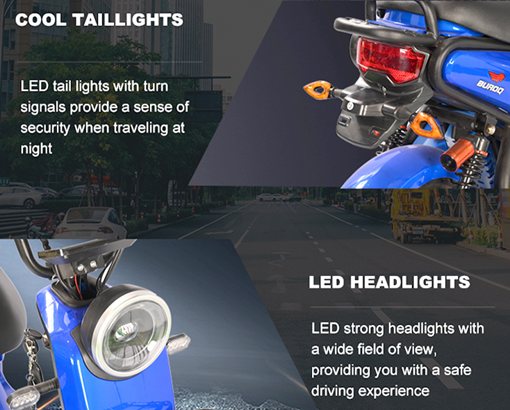 LED Headlights and Taillights of Blue Electric Scooter for Safe Night Driving Blue electric motorcycle showcasing its cool LED taillights with turn signals and bright LED headlights for enhanced night riding safety