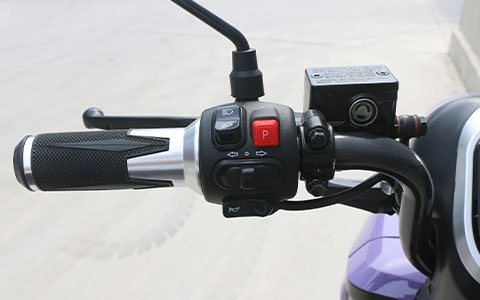 Purple Electric Scooter | Multifunctional Handlebar Control Detail Anti-slip waterproof handlebar control switches for electric bicycle, multifunctional buttons for light, horn and speed adjustment