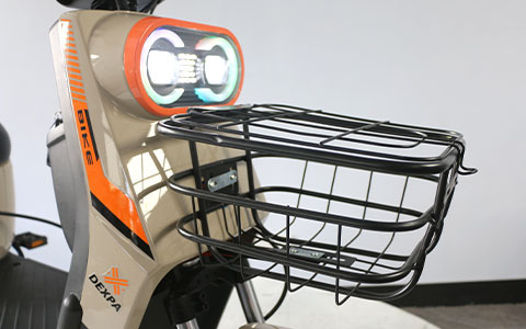 Electric Scooter | Dual Round LED Headlight & Front Basket Detail Unique dual round LED headlight with colorful ring light and front metal basket for electric bike