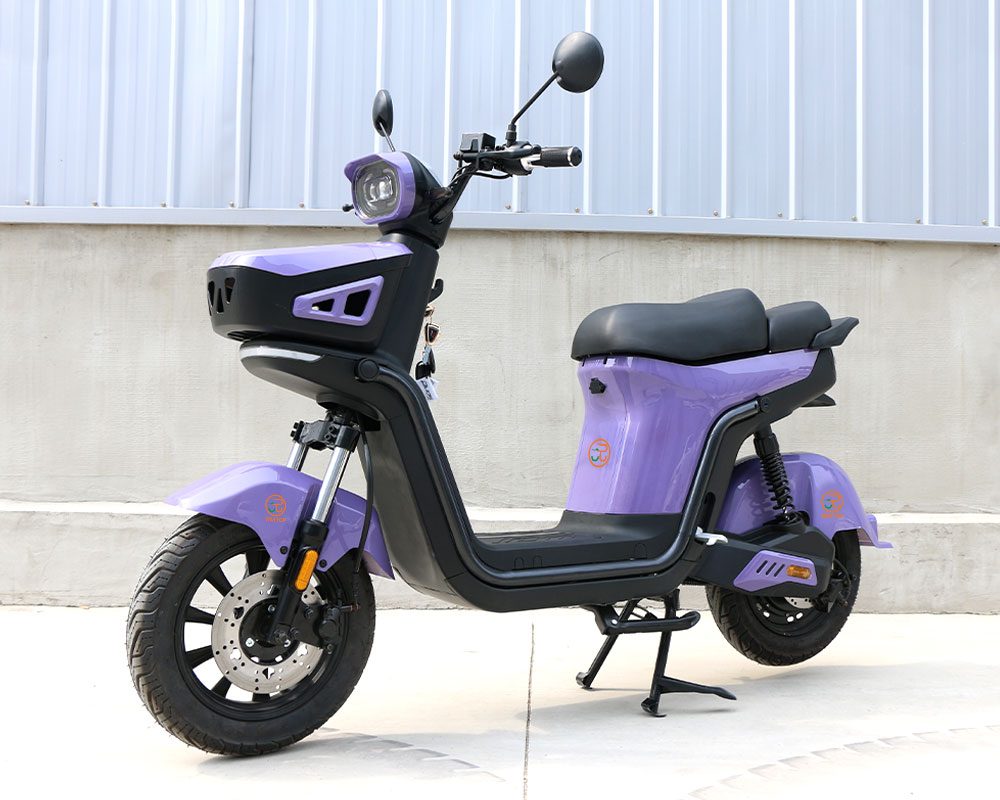 Purple Electric Scooter | Side View Purple electric motorcycle side view, adult e-bike with disc brake and durable frame for daily use