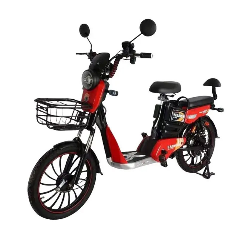 Red electric bike with front basket, sleek design for urban commuting and daily use
