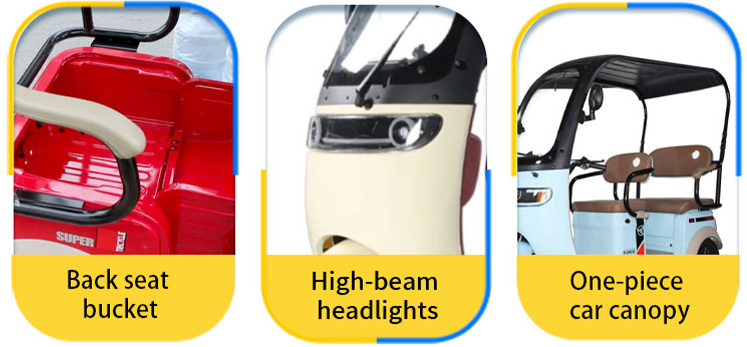 Passenger electric tricycle with red back seat bucket, high-beam headlights for night visibility, and one-piece car canopy for weather protection