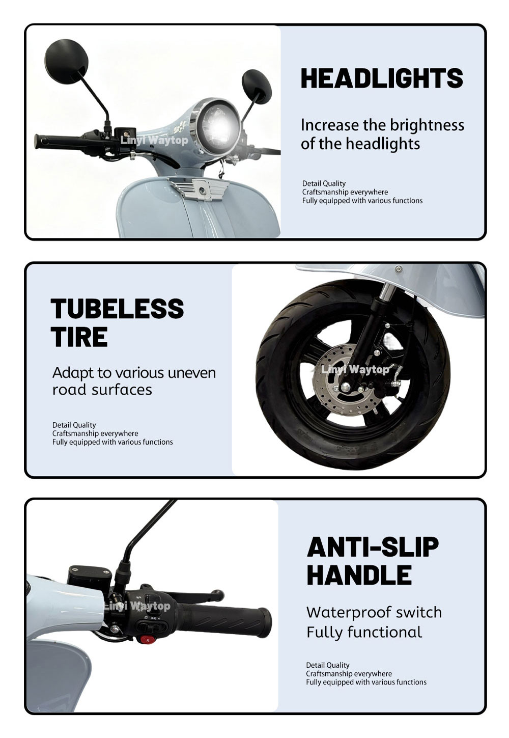 Roman Holiday retro electric motorcycle key features: bright headlights, tubeless tires for uneven roads, and anti-slip handle with waterproof switch