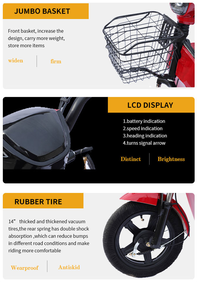 JY electric city bike key features: jumbo front basket, LCD display with battery/speed/heading/turn signal indicators, and 14" wearproof antiskid rubber tires with double shock absorption