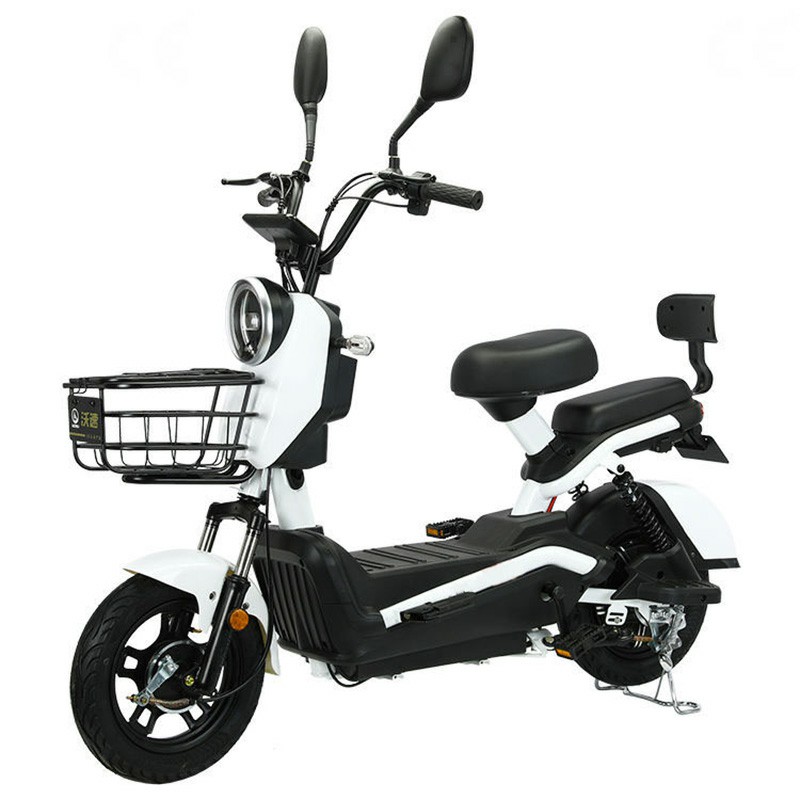 White and black electric scooter with front basket, dual-seat adult e-bike for daily commuting and family use