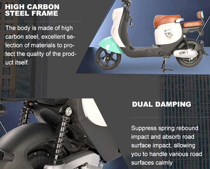 Stylish electric scooter with high carbon steel frame for long-lasting durability and dual damping suspension to absorb road shocks, ideal for urban commuting and rough city streets