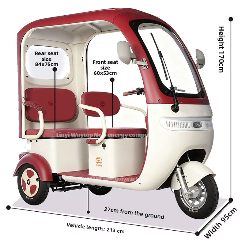 CQ electric tricycle main image with size chart in red & white, long battery life & triple brakes