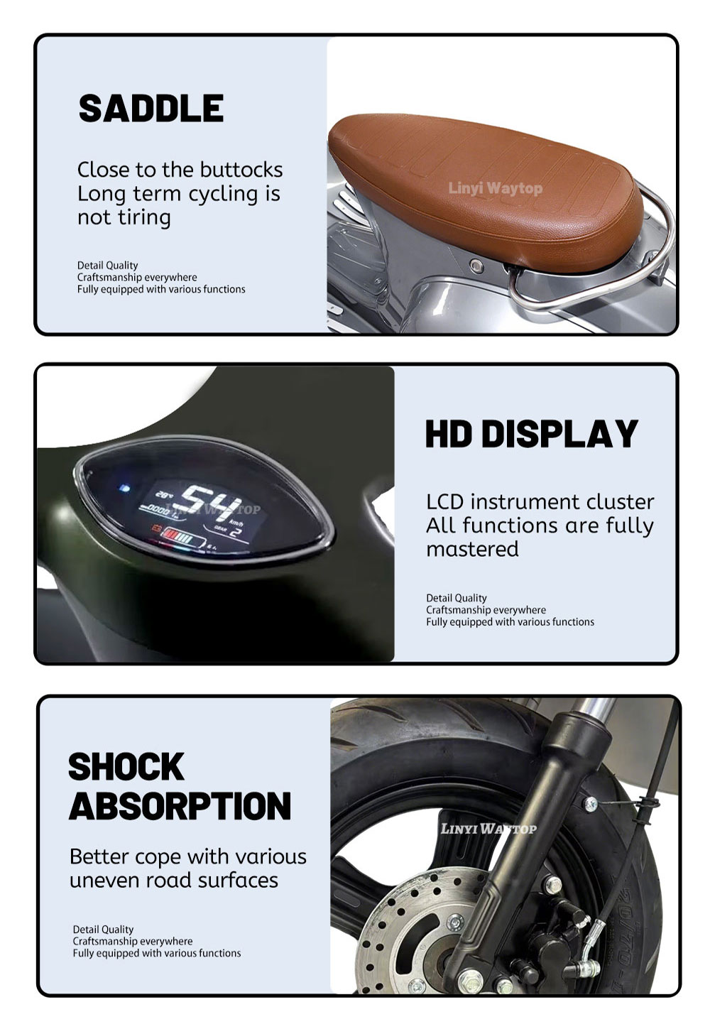 Roman Holiday retro electric motorcycle key features: comfortable saddle for long rides, HD LCD display, and shock absorption for uneven roads