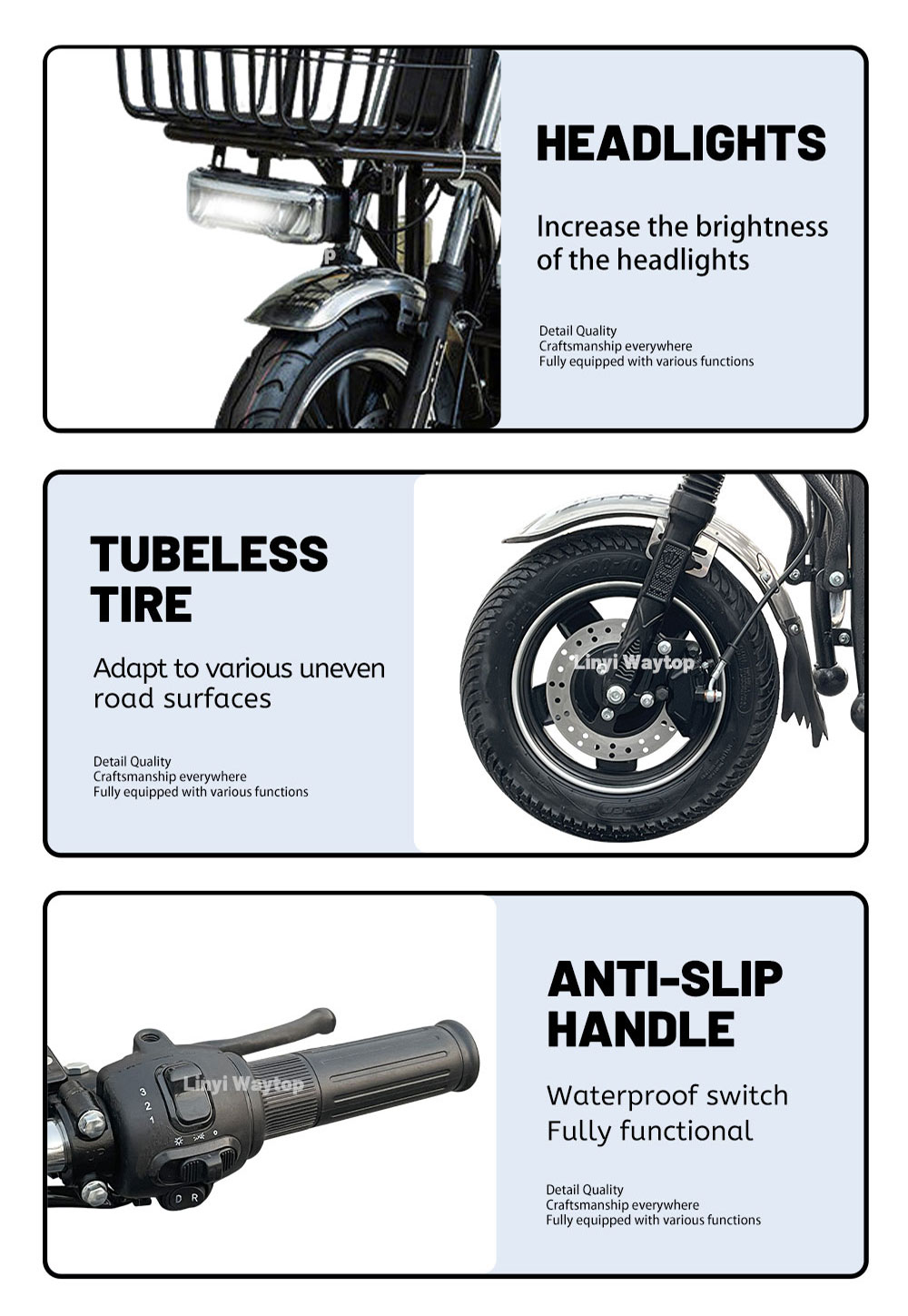 ZZW cargo electric motorcycle key features: high-brightness headlights, tubeless tires for uneven roads, and anti-slip handle with waterproof switch