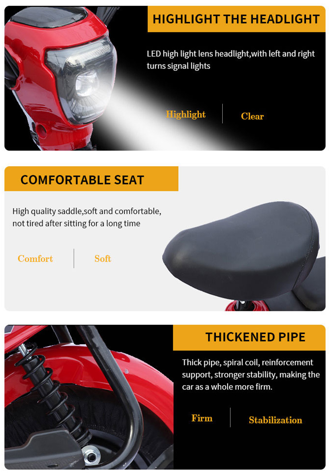 JY electric city bike key features: LED high light lens headlight with turn signals, comfortable soft seat, and thickened pipe frame for firm stabilization