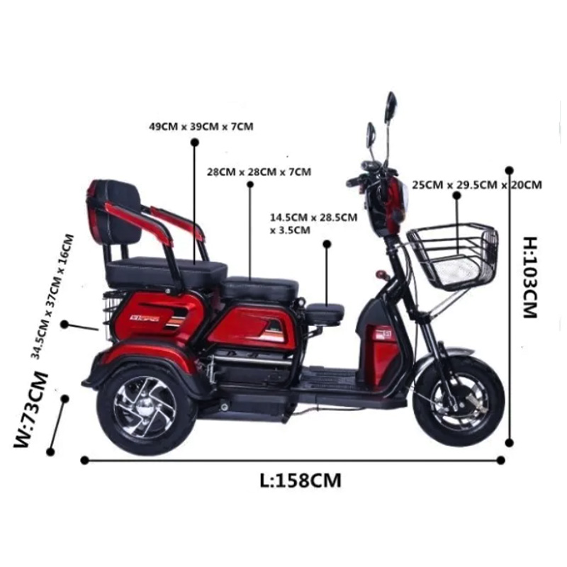 XK electric tricycle dimension chart, showing 158cm length and seat dimensions for senior family travel