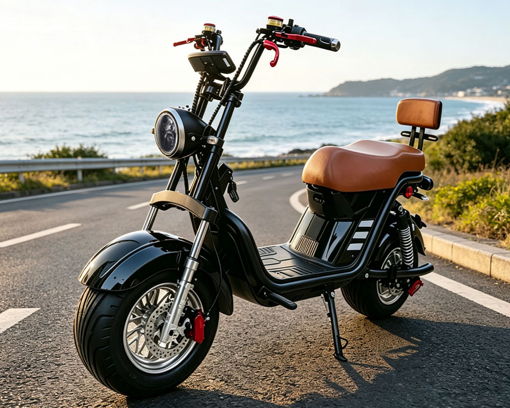 Black and brown retro electric motorcycle for adults, wide fat tire e-moped with disc brake and comfortable saddle for urban commuting