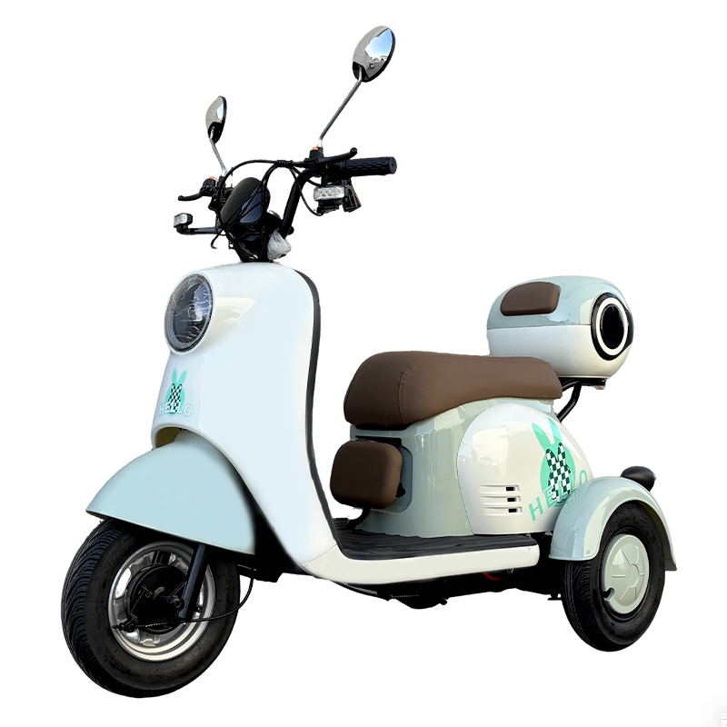 V1 green and white electric tricycle main image, 3-wheel mobility scooter with baby seat and cute rabbit decal for seniors & family