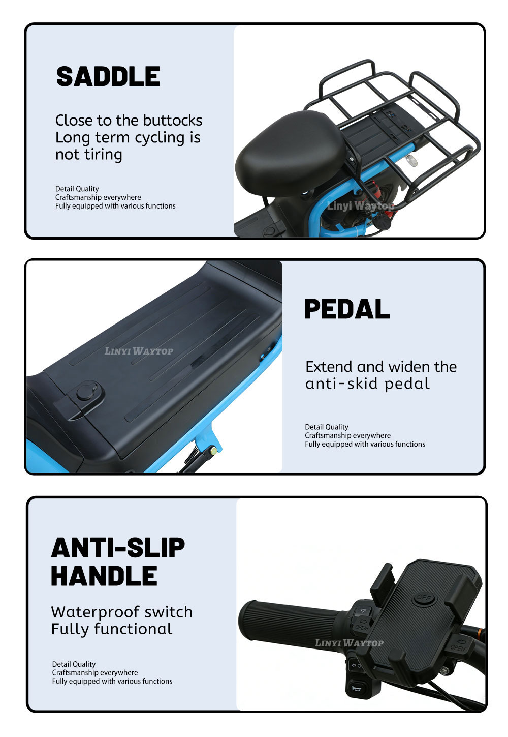 XMG electric cargo bike key features: ergonomic comfortable saddle for long delivery rides, extended anti-skid pedal, and anti-slip handle with waterproof switch and phone holder