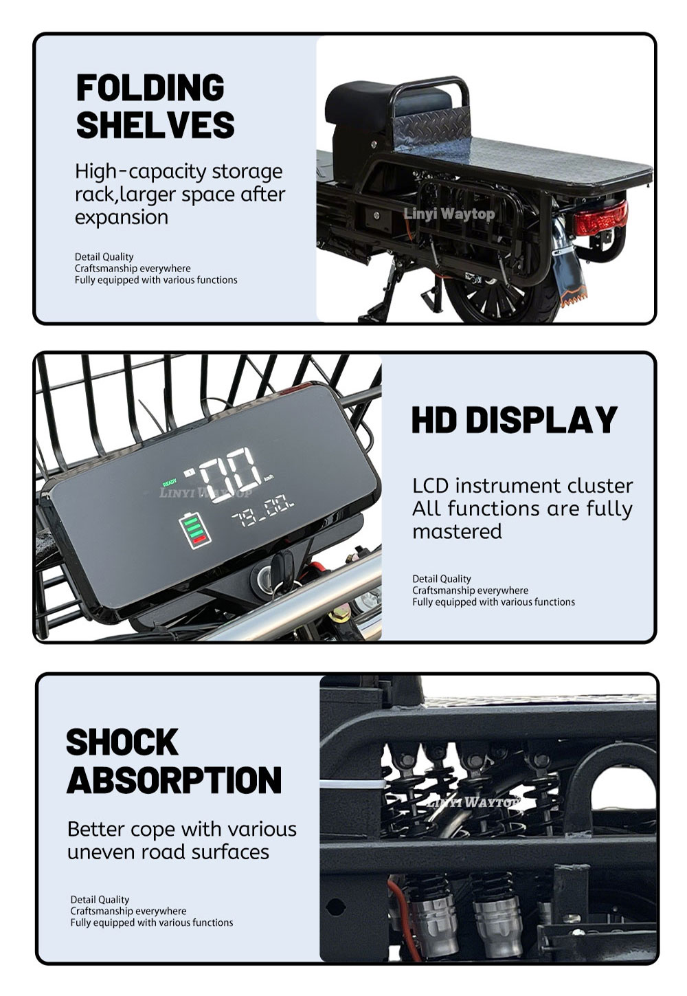 ZZW cargo electric motorcycle key features: foldable shelves for high-capacity storage, HD LCD instrument cluster, and shock absorption for uneven roads