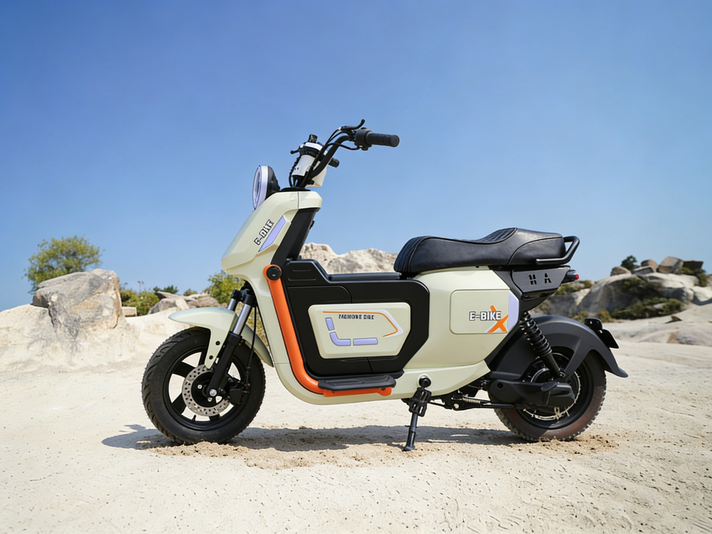 Light beige off-road style electric bike with orange trim, parked on a sandy and rocky outdoor terrain