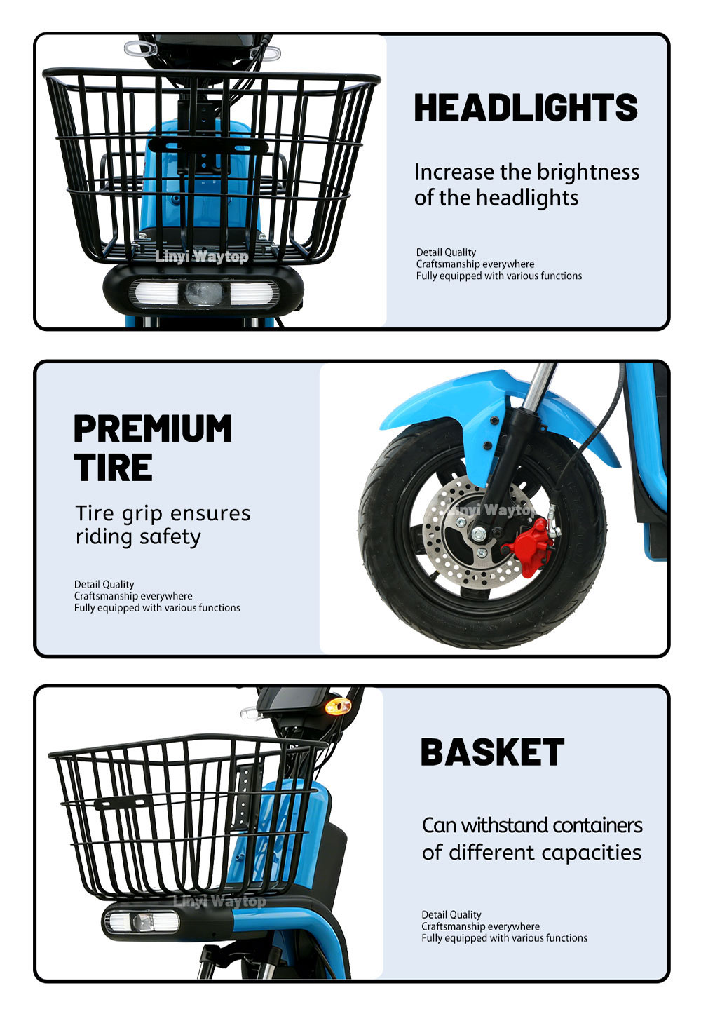 XMG electric cargo bike key features: high-brightness headlights, premium grip tires for safety, and sturdy front basket for carrying containers
