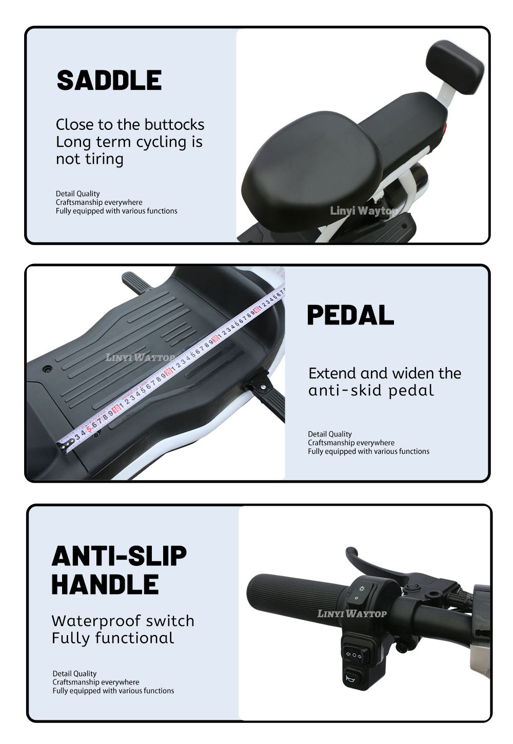 DLS electric bike key features: ergonomic saddle for long rides, extended anti-slip pedal, and anti-slip handle with waterproof switch