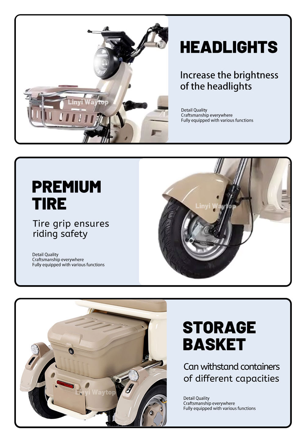 X3 electric tricycle key features: high-brightness headlights, premium grip tires for safety, and sturdy rear storage basket for carrying containers