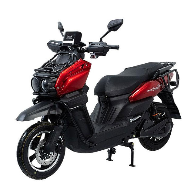 Red and black electric motorcycle, side view