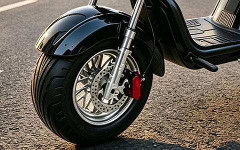 Retro wide tire electric motorcycle front wheel close-up, fat tire e-moped with hydraulic disc brake for stable and safe riding