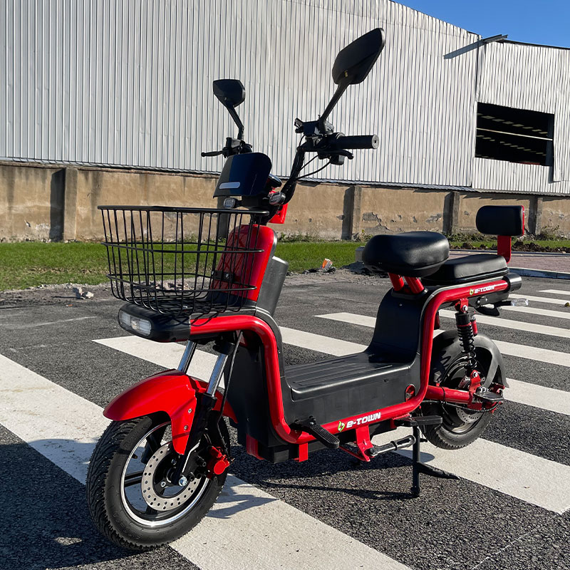 Heavy-duty delivery electric bicycle for food courier, red cargo e-bike with large rear rack for last-mile delivery and food transport