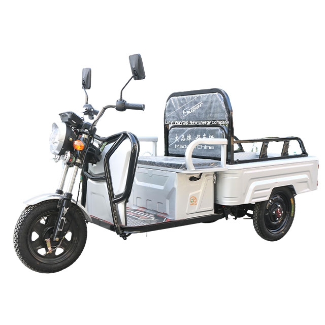 Silver electric tricycle, side view