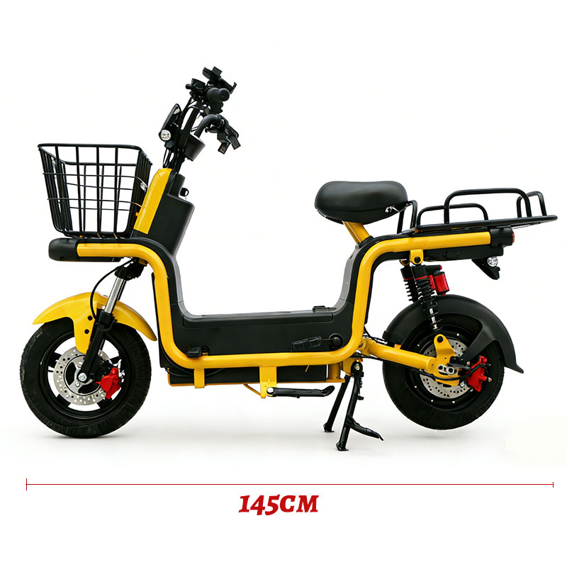 XMG yellow electric cargo bike with size chart, showing overall dimensions for urban delivery and commuting