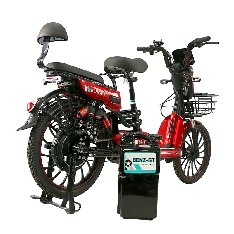 Large wheel electric tricycle with removable battery box, red and black heavy-duty cargo trike for delivery and transport