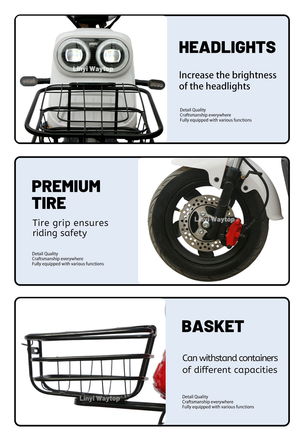 DLS electric bike key features: high-brightness headlights, premium grip tires for safety, and large sturdy front basket for storage