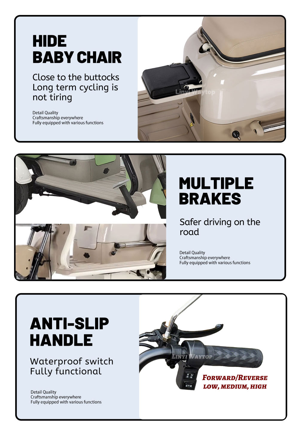 X3 electric tricycle key features: hideaway baby chair for comfort, multiple brakes for safe driving, and anti-slip handle with waterproof switch and speed control