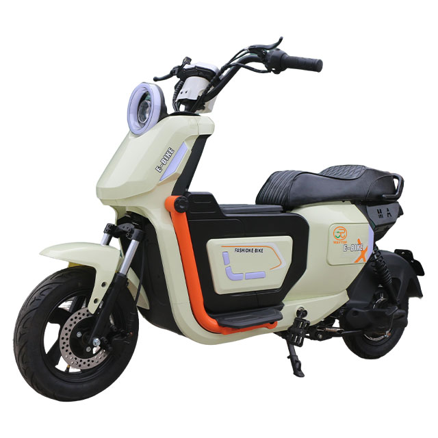 Side view of white and orange stylish electric motorcycle