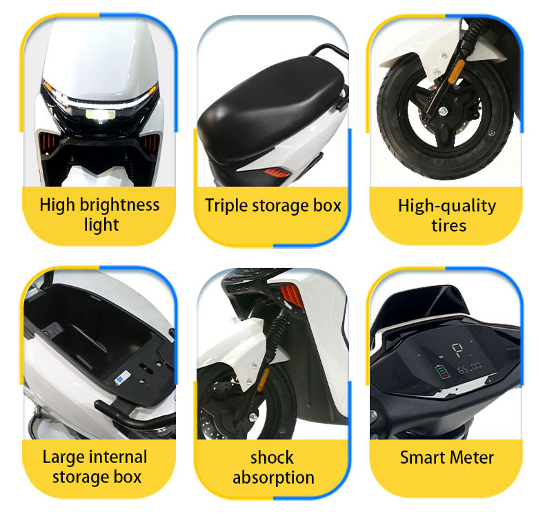 n9 Electric scooter key features: high brightness light, triple storage box, high-quality tires, large internal storage box, shock absorption, and smart meter