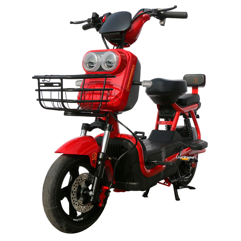 DLS electric bike main image with size chart in red, long battery life & high penetration headlights