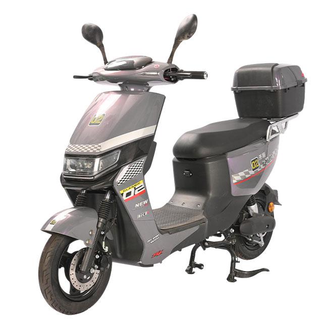 Gray electric motorcycle with rear storage box, side view