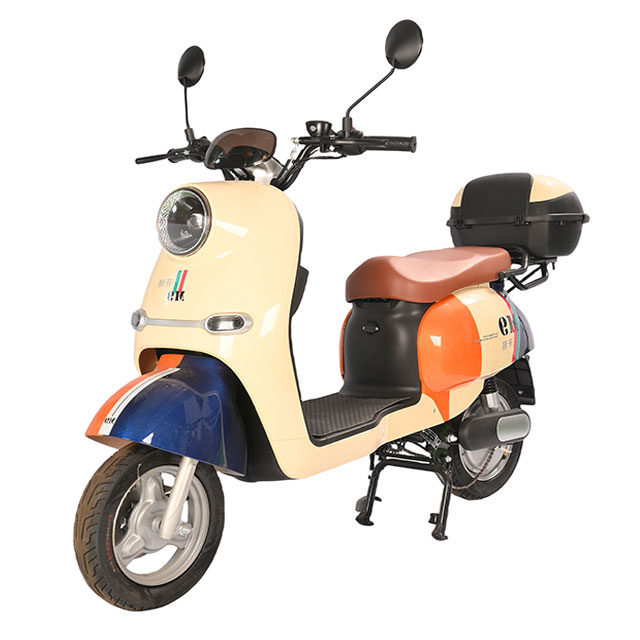 Yellow and blue electric motorcycle with rear storage and modern design