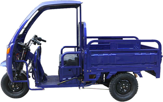 Blue electric tricycle, side view