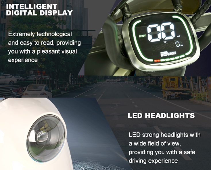Electric scooter featuring an intelligent digital display with glowing green accents and bright LED headlights, showcasing tech-focused dashboard and safe night riding features
