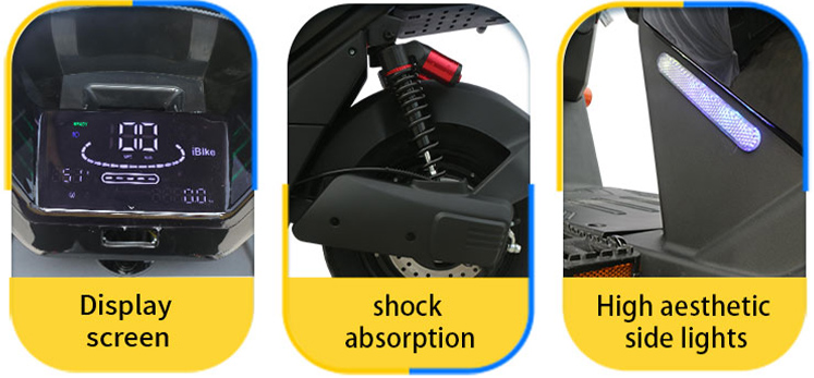Urban electric scooter with clear digital display screen, effective rear shock absorption for smooth rides, and decorative high aesthetic side lights