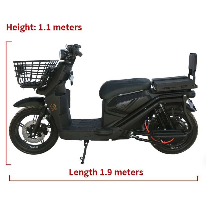 Heavy-duty electric motorcycle for delivery, long wheelbase e-moped with front basket and large cargo space, length 1.3 meters