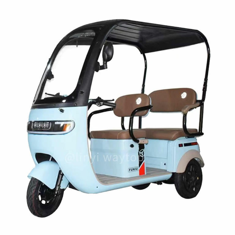 Blue electric tricycle with 4 comfortable seats and eco-friendly design