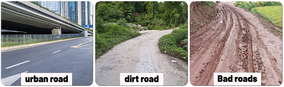 Three road types suitable for electric bikes: urban paved road under an overpass, rural dirt road, and muddy bad roads, demonstrating vehicle versatility