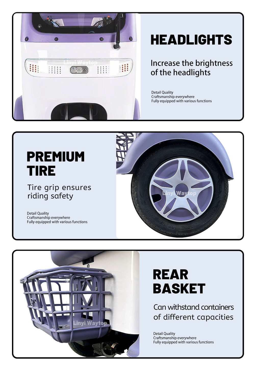 CQ electric tricycle key features: bright headlights, premium grip tires for safety, and large rear basket for storage