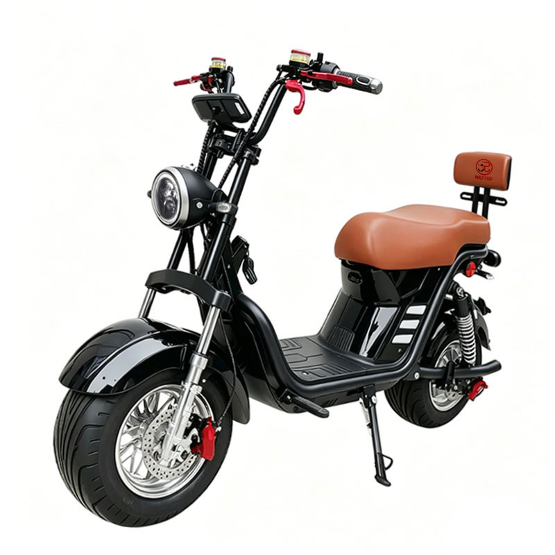 Retro wide tire electric motorcycle for adults, black and brown fat tire e-moped with comfortable saddle for urban commuting