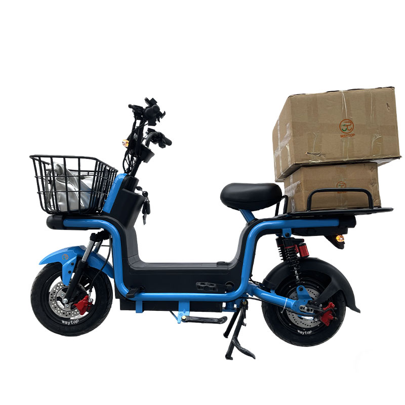XMG blue electric cargo bike with large rear rack carrying boxes, ideal for food delivery and urban transport