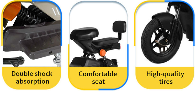 XBW electric city bike key features: double shock absorption, comfortable seat with backrest, and high-quality tires for smooth and stable urban riding