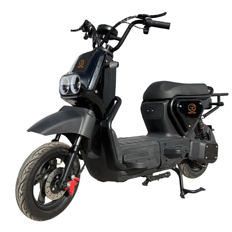 KM Black electric scooter studio shot, side view of heavy-duty adult e-moped with disc brake and long wheelbase